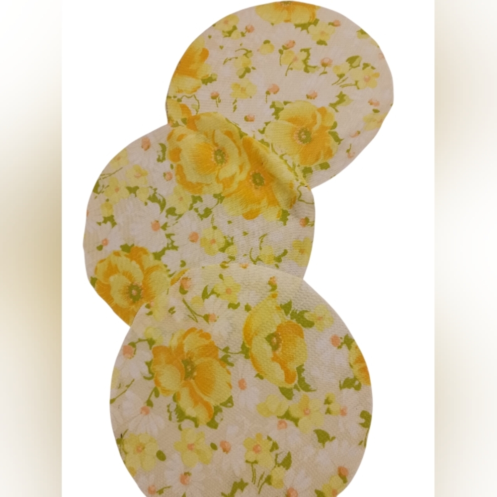 3 VINTAGE 1950S YELLOW FLORAL FABRIC JAR COVERS 🍃💛🍃